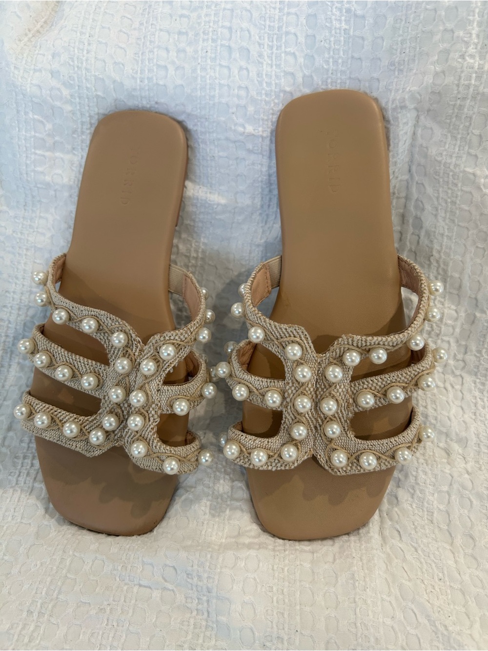 Torrid Pearl-Embellished Beige Slide Sandals - Women size 10/.5 WW